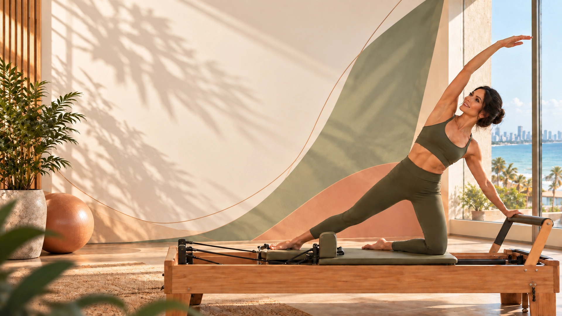 Thais, instrutora da Studio VOLL Pilates Tambaú, em exercício no reformer, com vista pra orla ao fundo